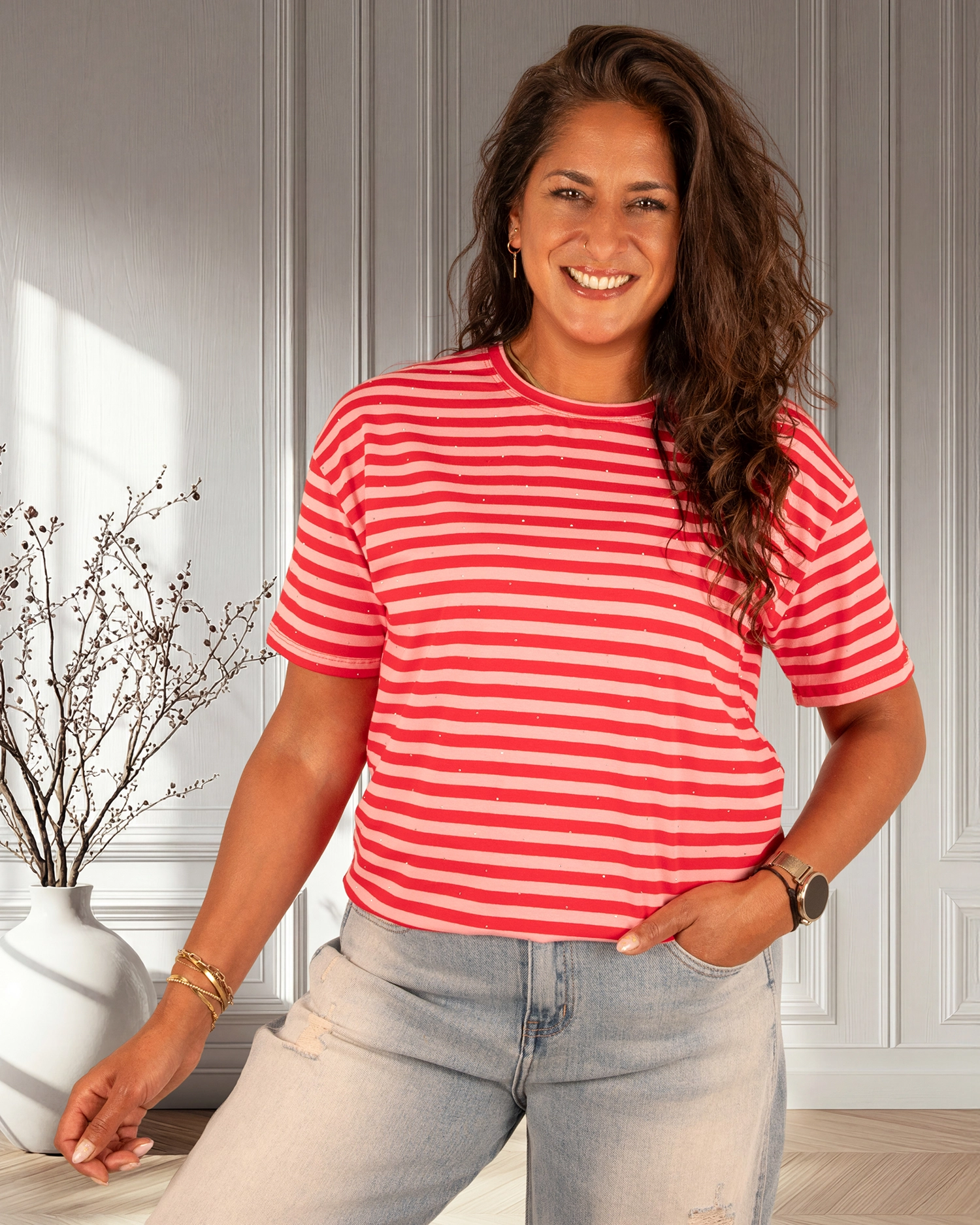 Rood/roze gestreept shirt glitter print van Moocci - Afbeelding 3