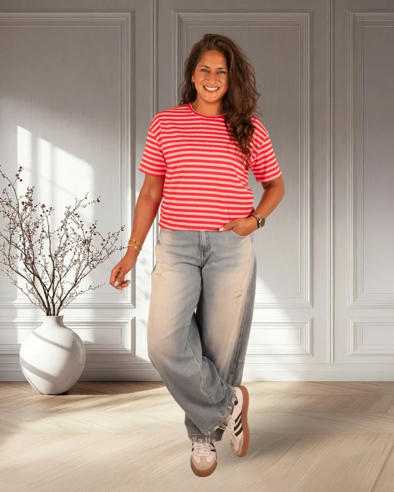 Rood/roze gestreept shirt glitter print van Moocci - Afbeelding 2