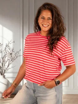 Rood/roze gestreept shirt glitter print van Moocci