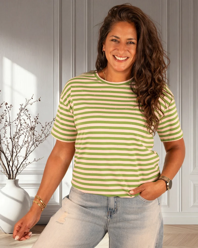 Groen/roze gestreept shirt glitter print van Moocci - Afbeelding 3