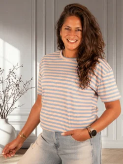 Lichtblauw/roze gestreept shirt glitter print van Moocci