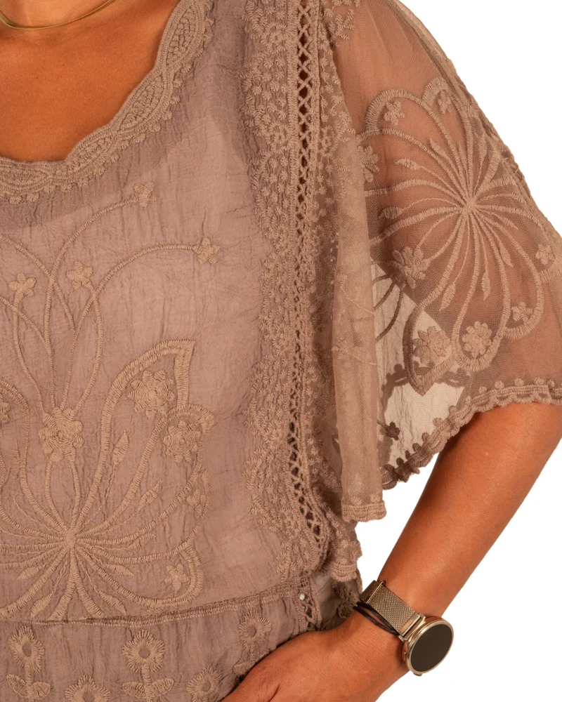 Taupe transparante top met bloemen van El-Vita - Afbeelding 5