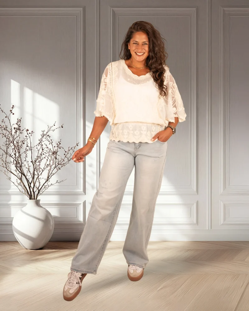 Beige transparante top met bloemen van El-Vita - Afbeelding 2