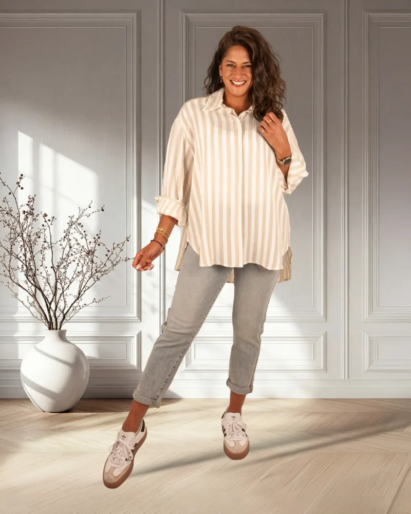 Beige/wit gestreepte oversized blouse van El-Vita - Afbeelding 2