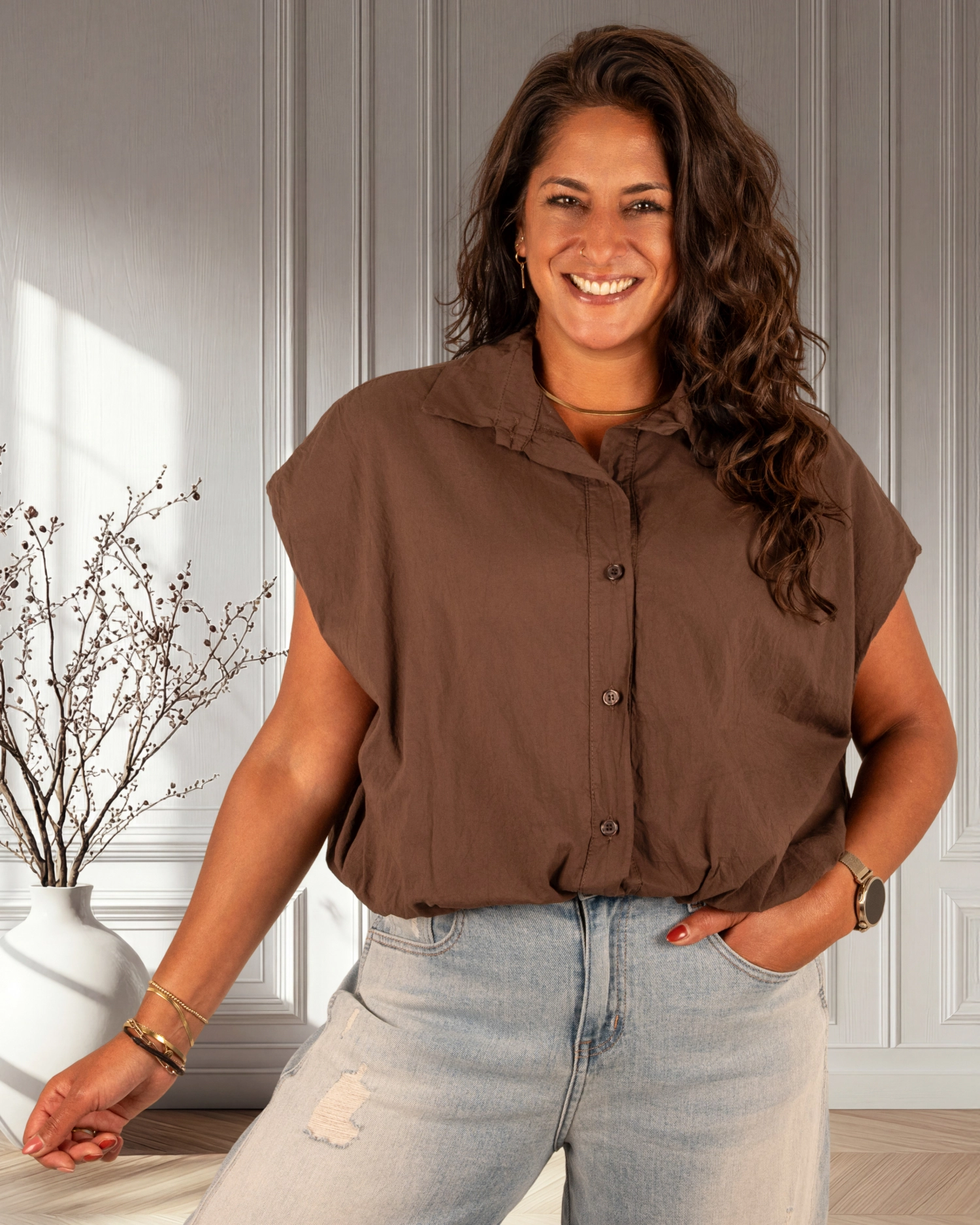 Donkerbruine ballonblouse van Up Style