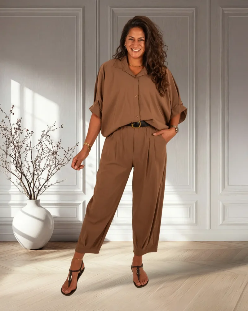 Caramel barrel broek met riem van El-Vita