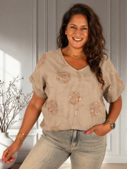 Taupe katoenen shirt met pailletten van New Collection