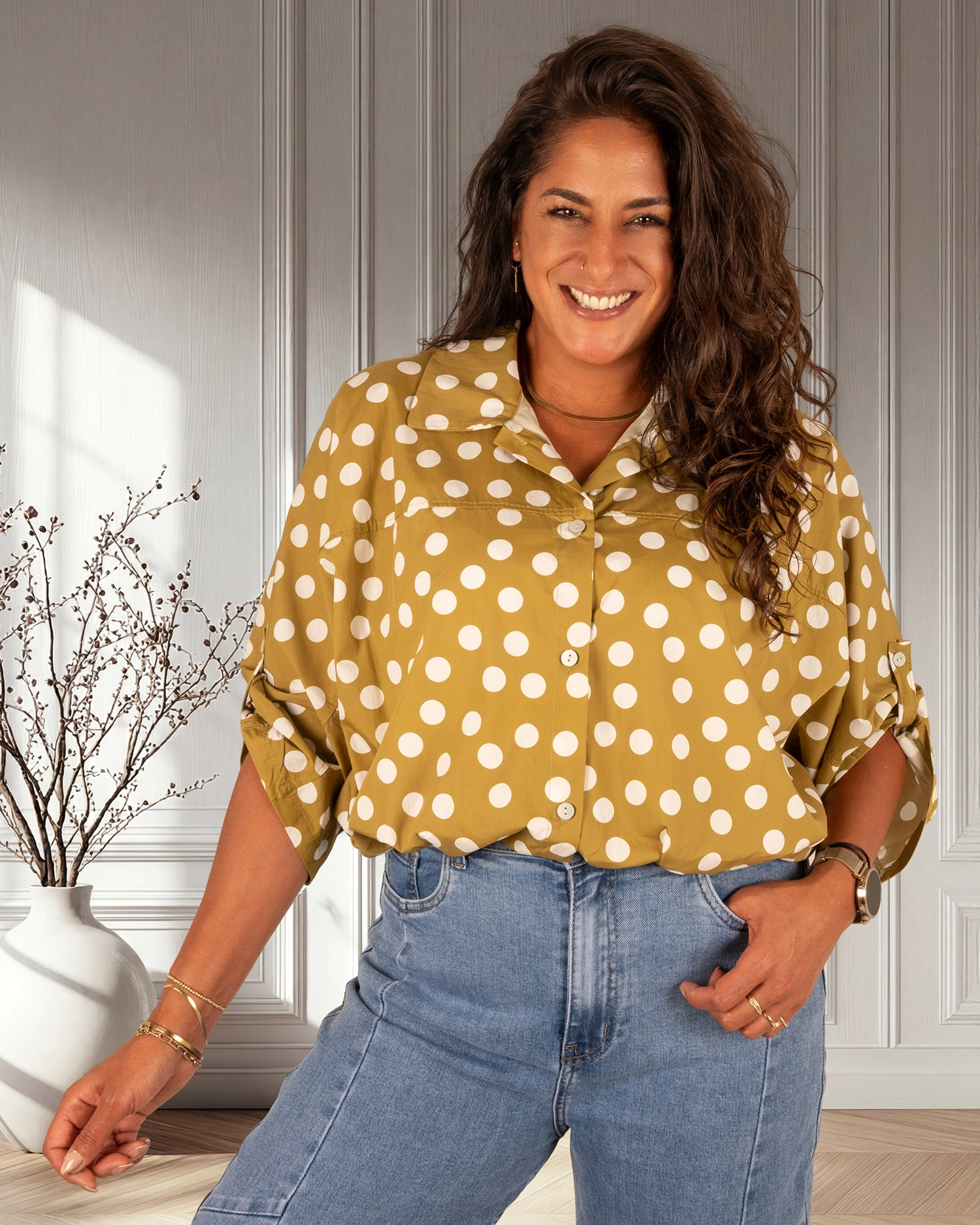 Lime groene ballonblouse witte dots van El-Vita