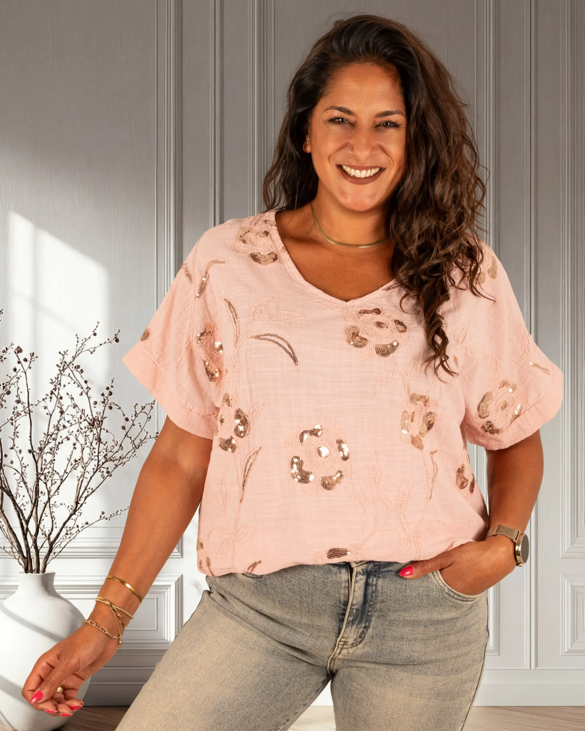 Roze katoenen shirt met pailletten van New Collection