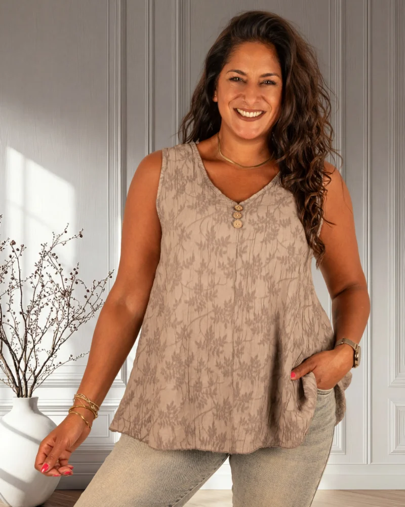 Taupe crinckle hemdje bloemen van F. Moda - Afbeelding 3