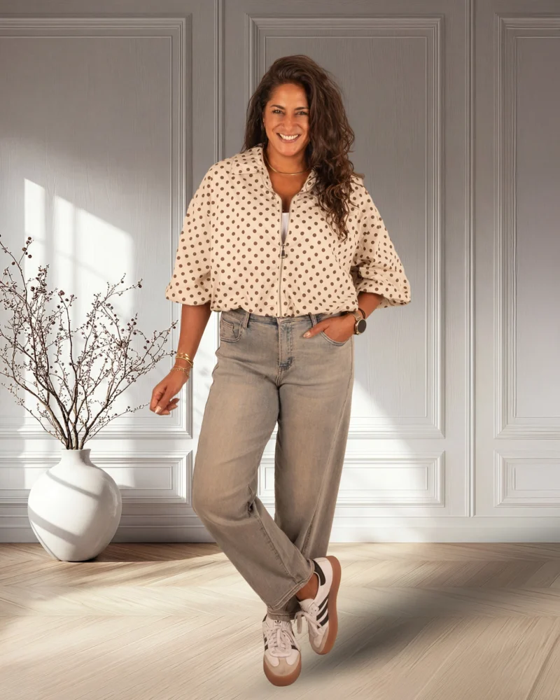 Beige ballon bomberjack/blouse bruine dots van El-Vita - Afbeelding 2