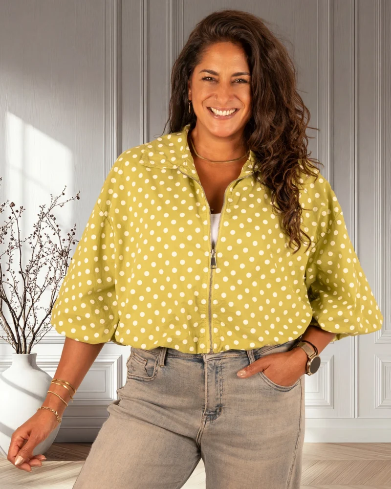 Lime groene ballon bomberjack/blouse witte dots van El-Vita