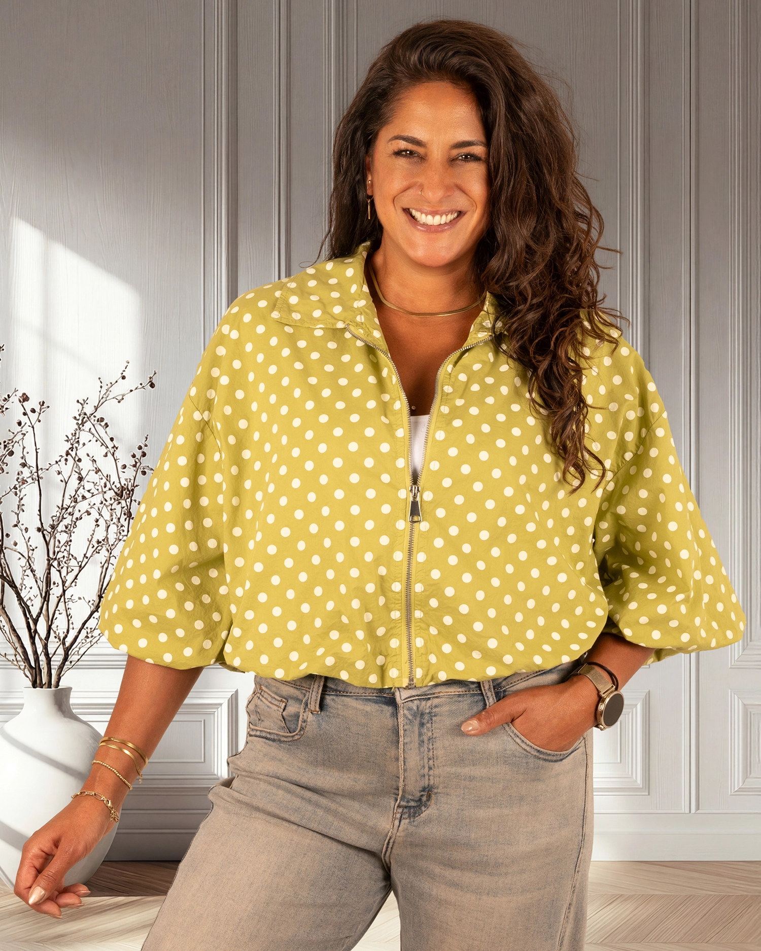 Lime groene ballon bomberjack/blouse witte dots van El-Vita