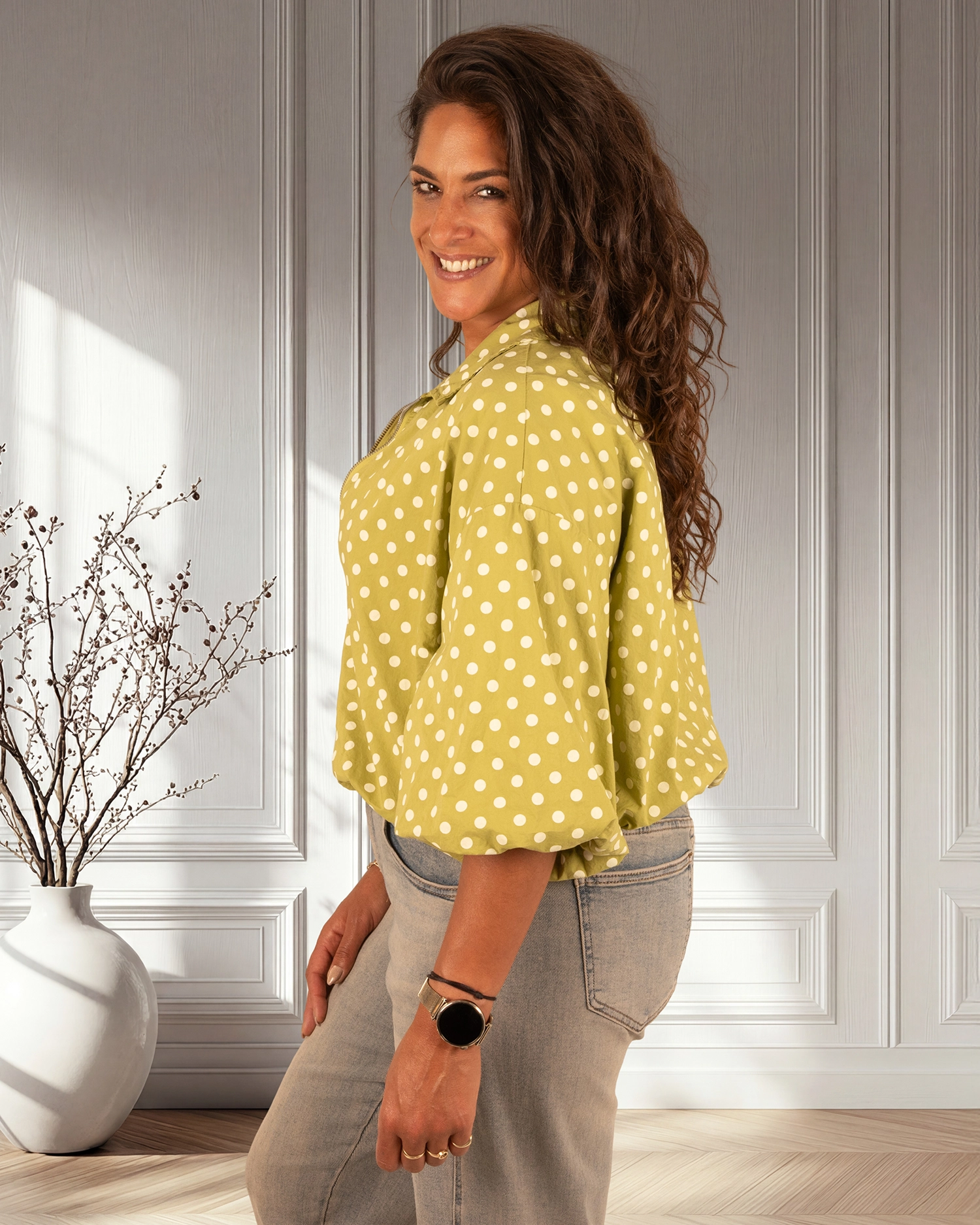 Lime groene ballon bomberjack/blouse witte dots van El-Vita - Afbeelding 4