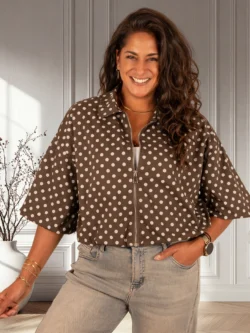 Donkerbruine ballon bomberjack/blouse witte dots van El-Vita