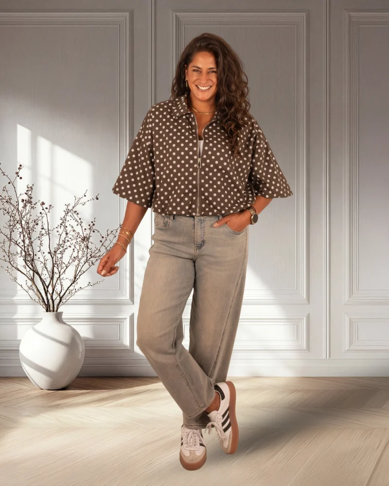 Donkerbruine ballon bomberjack/blouse witte dots van El-Vita - Afbeelding 2