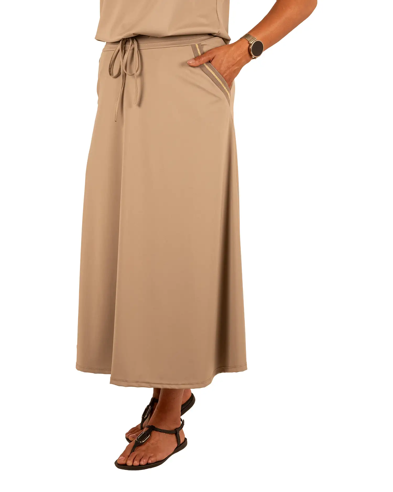 Donkerbeige lange travelstof rok van El-Vita - Afbeelding 2