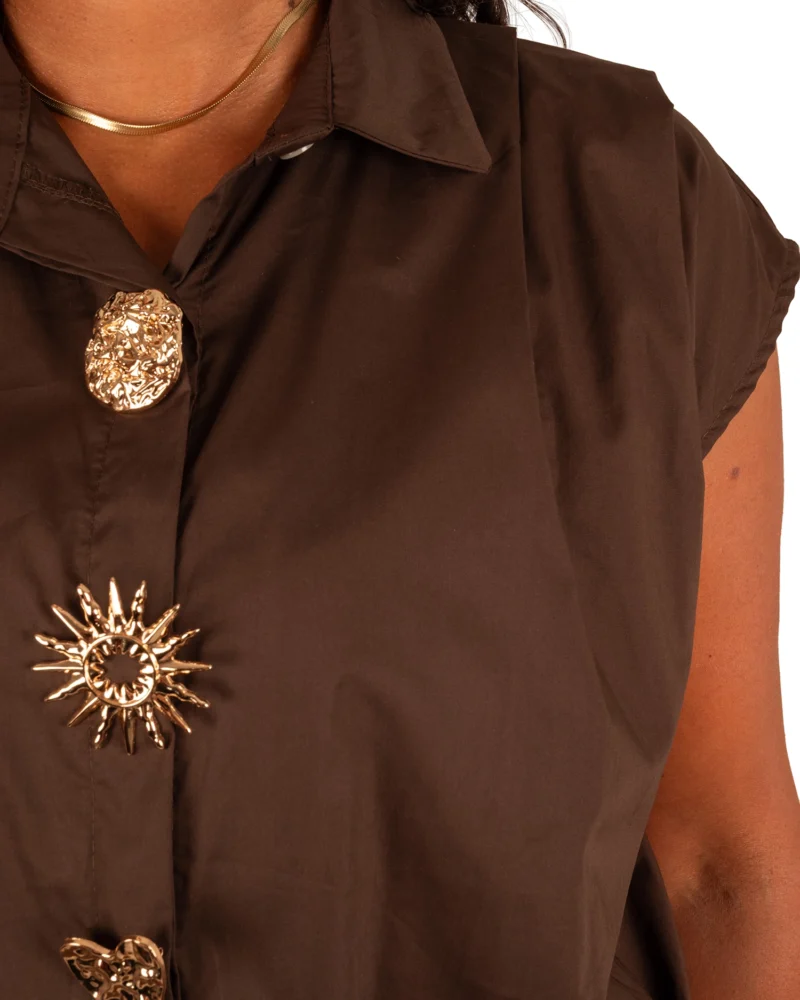 Donkerbruine ballonblouse met broches van El-Vita - Afbeelding 4