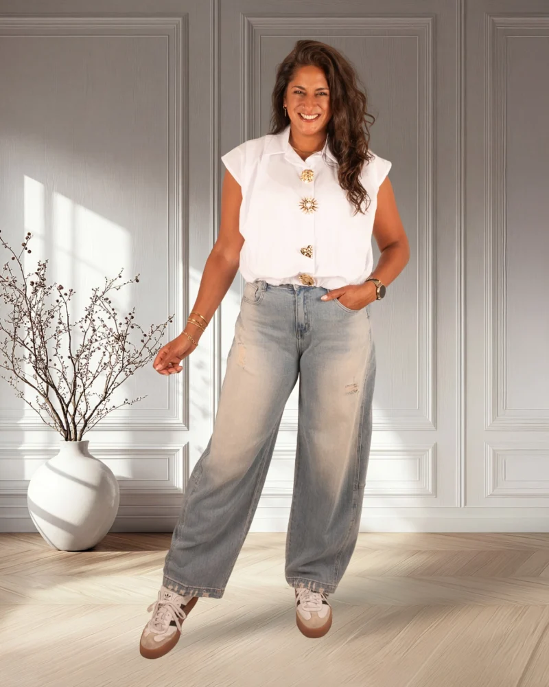 Witte ballonblouse met broches van El-Vita - Afbeelding 2