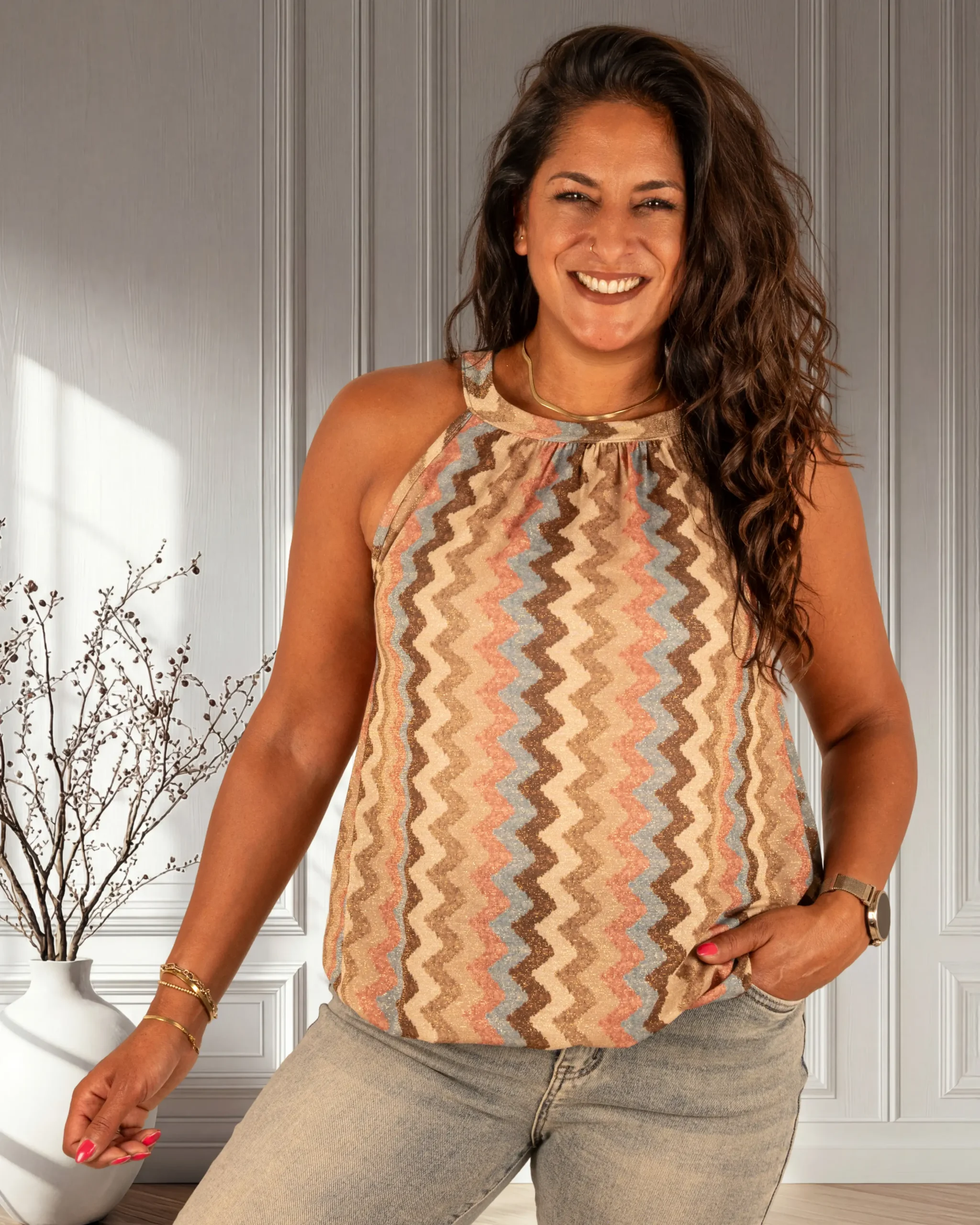 Beige/lichtblauw print zigzag haltertop van Gemma Ricceri