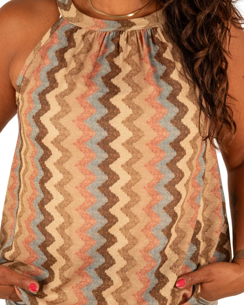Beige/lichtblauw print zigzag haltertop van Gemma Ricceri - Afbeelding 4