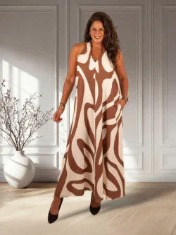 Ecru/camel print halterjurk van El-Vita