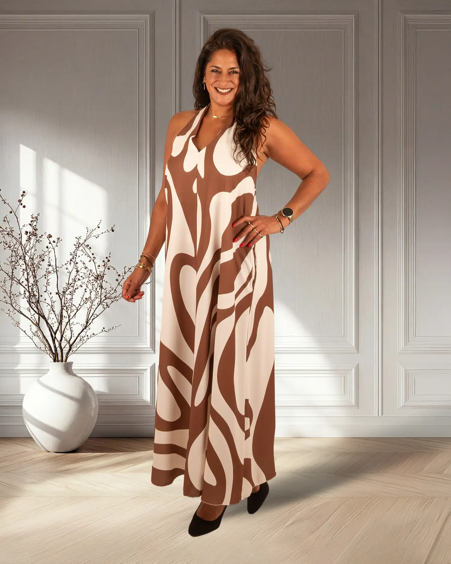 Ecru/camel print halterjurk van El-Vita - Afbeelding 2