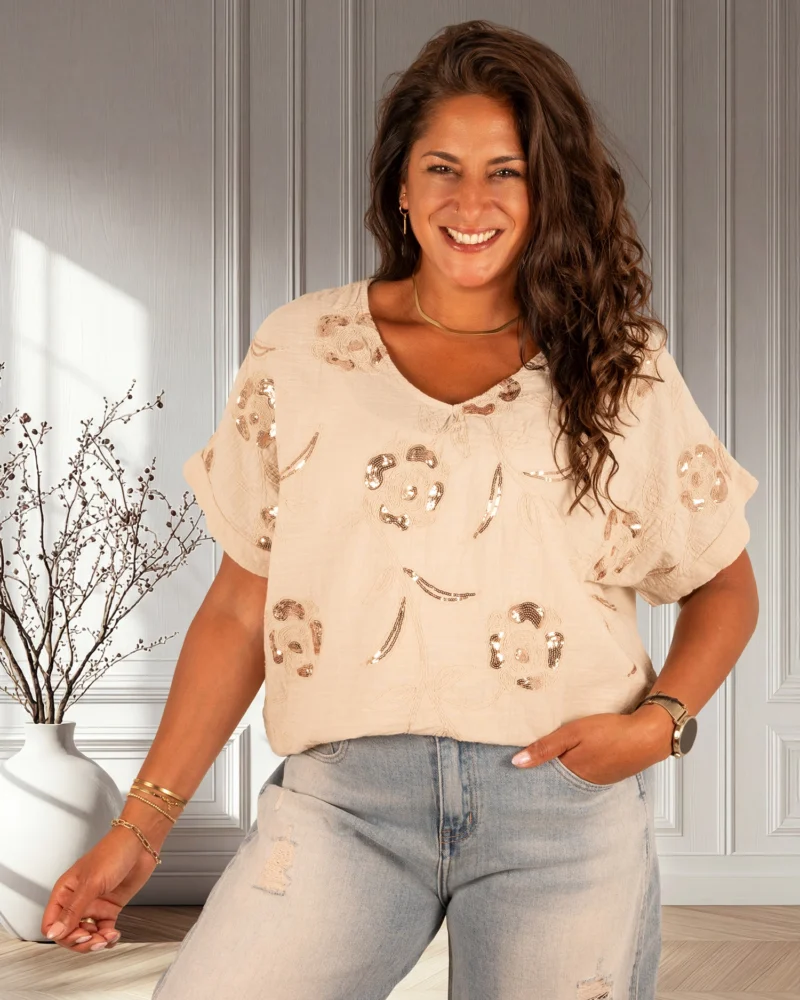 Beige katoenen shirt met pailletten van New Collection - Afbeelding 3
