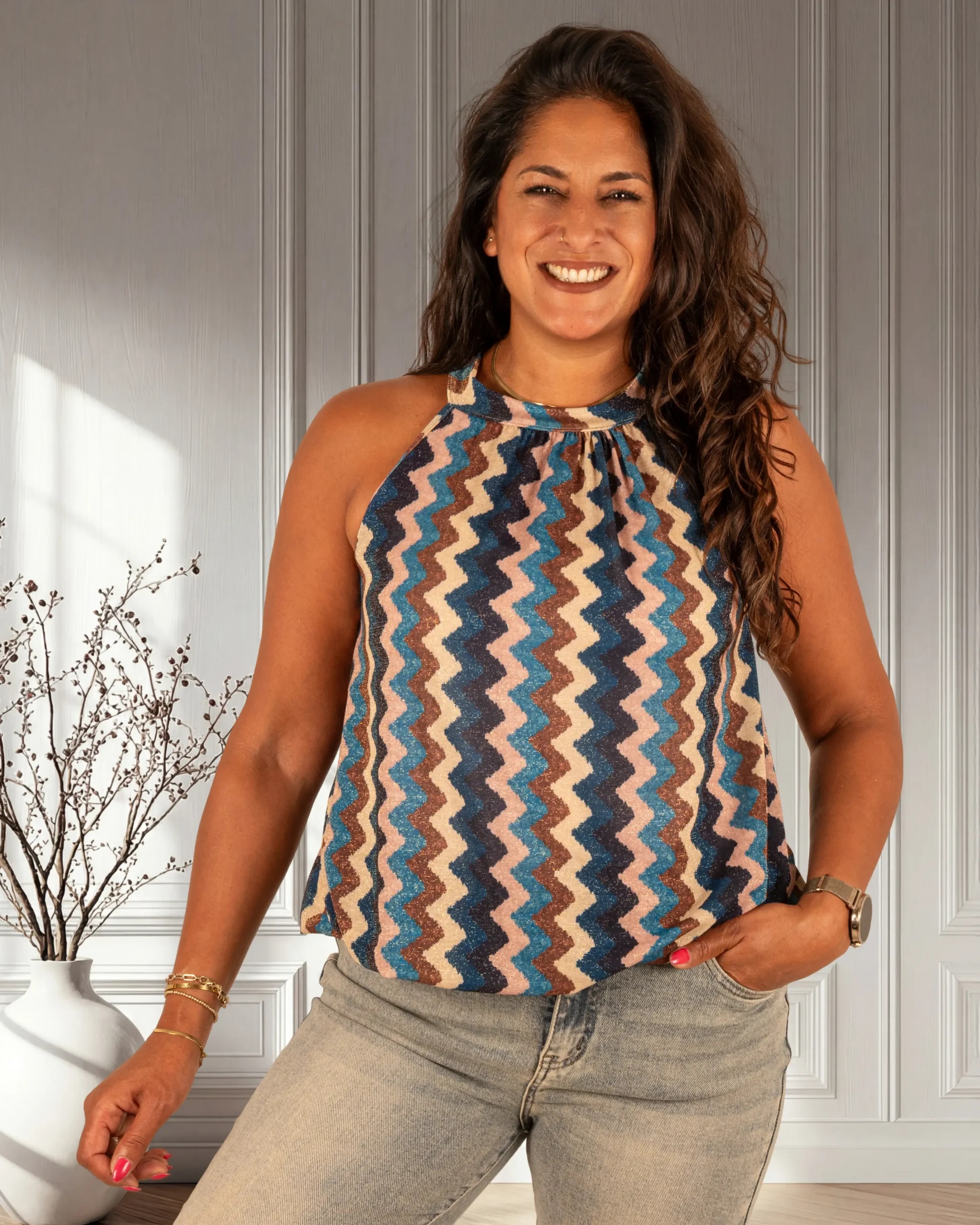 Blauwe print zigzag haltertop van Gemma Ricceri