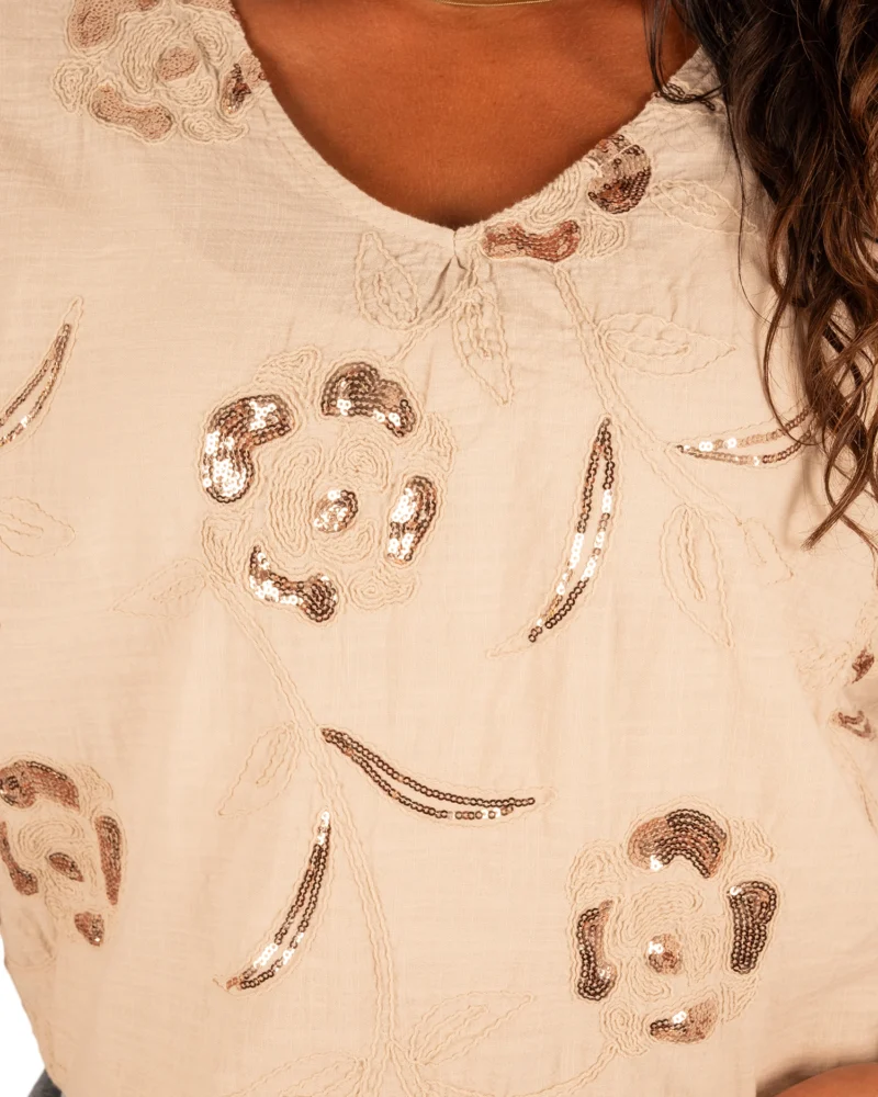 Beige katoenen shirt met pailletten van New Collection - Afbeelding 5