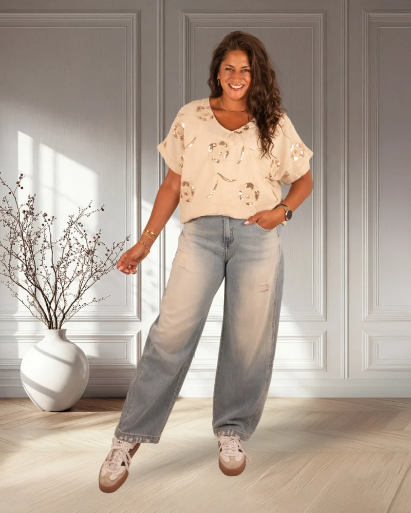 Beige katoenen shirt met pailletten van New Collection - Afbeelding 2