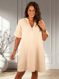 Beige seersucker jurk kort van El-Vita