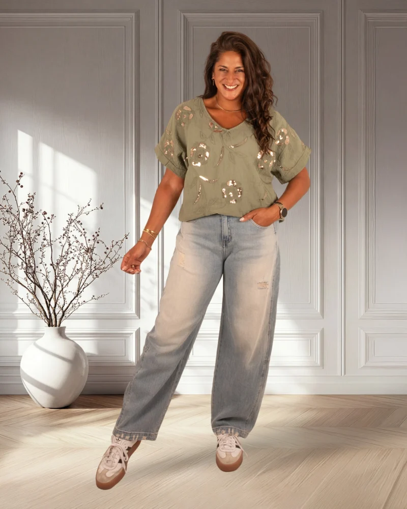 Groen katoenen shirt met pailletten van New Collection - Afbeelding 2