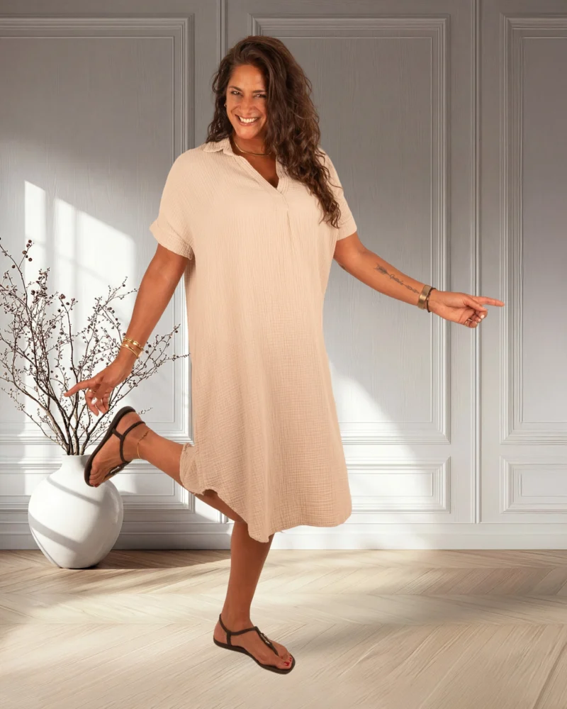 Beige seersucker jurk van New Collection - Afbeelding 3