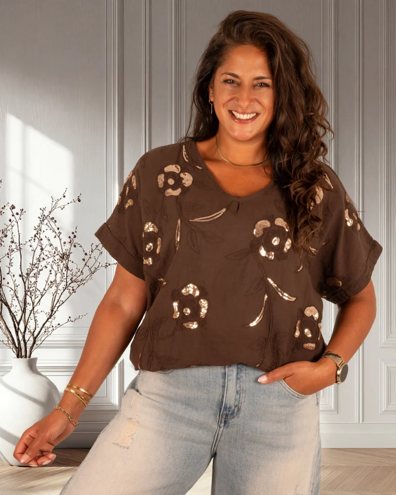 Donkerbruin katoenen shirt met pailletten van New Collection - Afbeelding 3