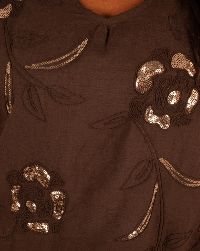 Donkerbruin katoenen shirt met pailletten van New Collection - Afbeelding 5