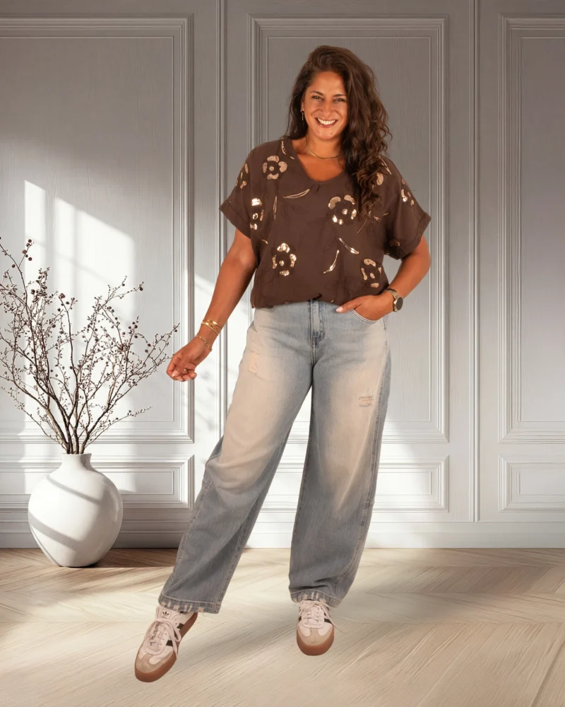 Donkerbruin katoenen shirt met pailletten van New Collection - Afbeelding 2