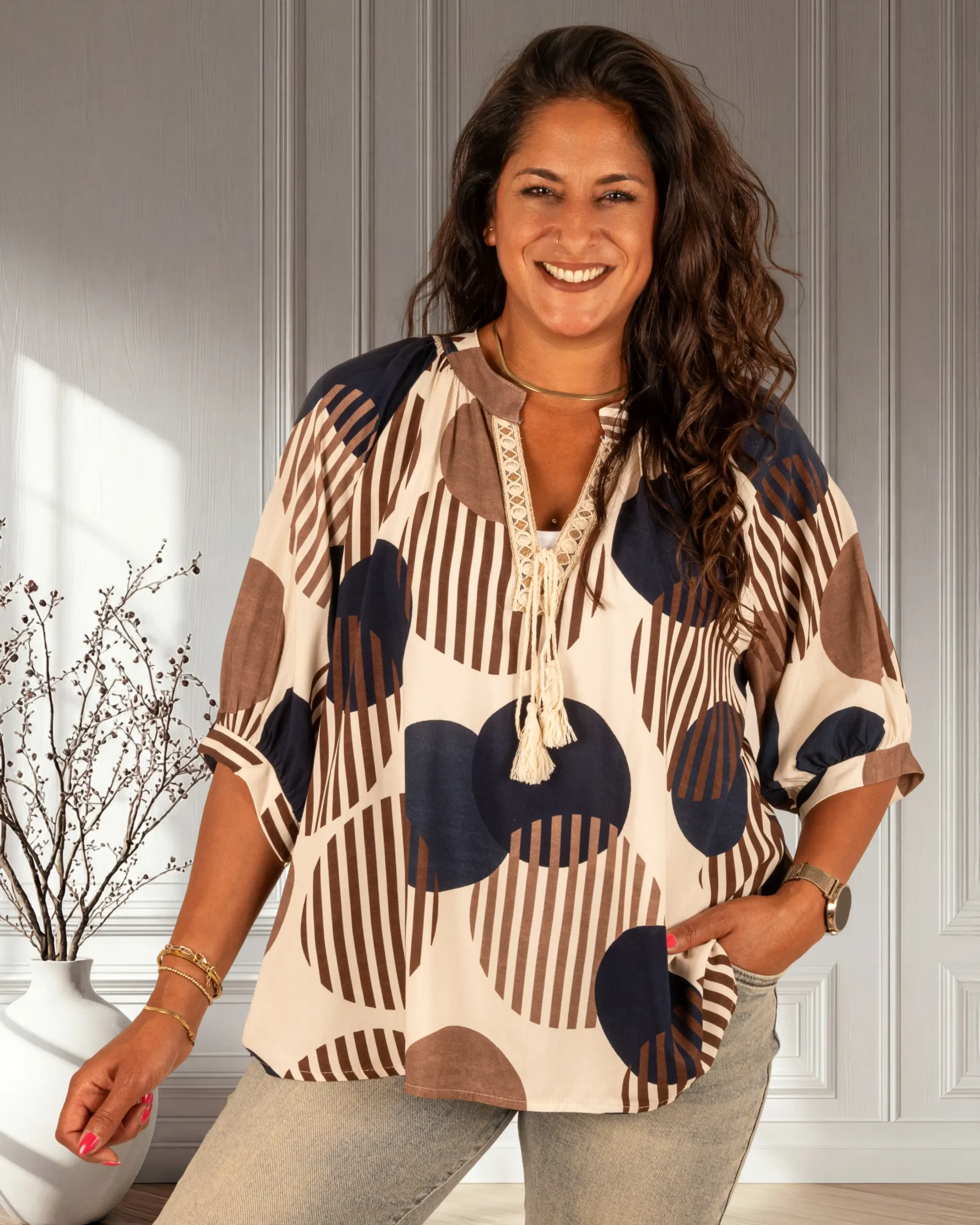 Beige/donkerblauw print tuniek van Gemma Ricceri - Afbeelding 3