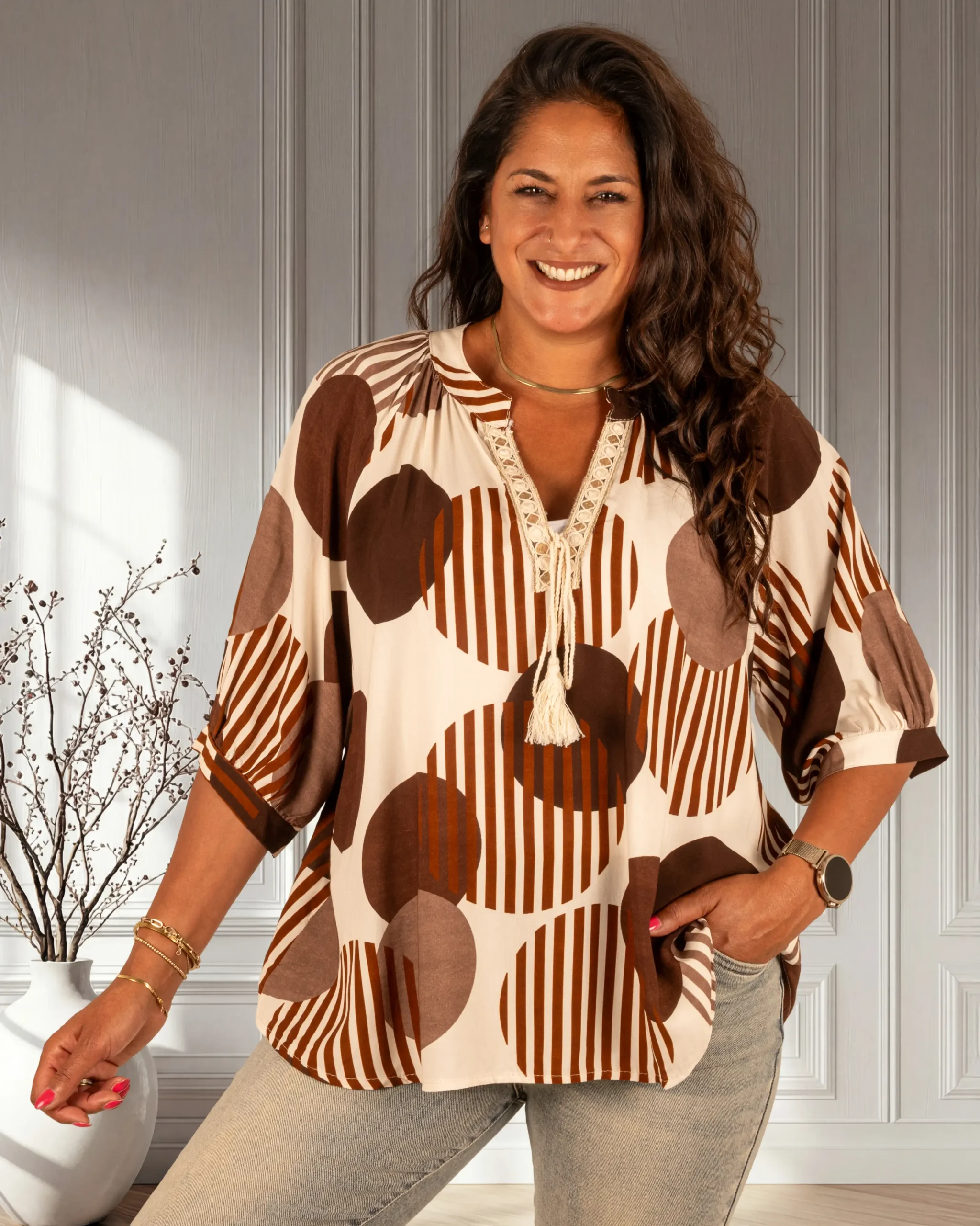 Beige/donkerbruin print tuniek van Gemma Ricceri - Afbeelding 3