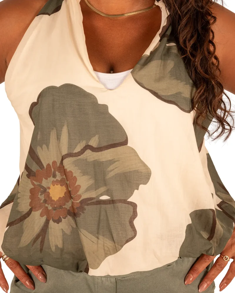 Beige ballon haltertop met groene bloemen van El-Vita - Afbeelding 5