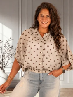Taupe ballonblouse bruine dots van El-Vita
