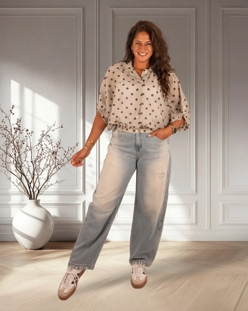 Taupe ballonblouse bruine dots van El-Vita - Afbeelding 2