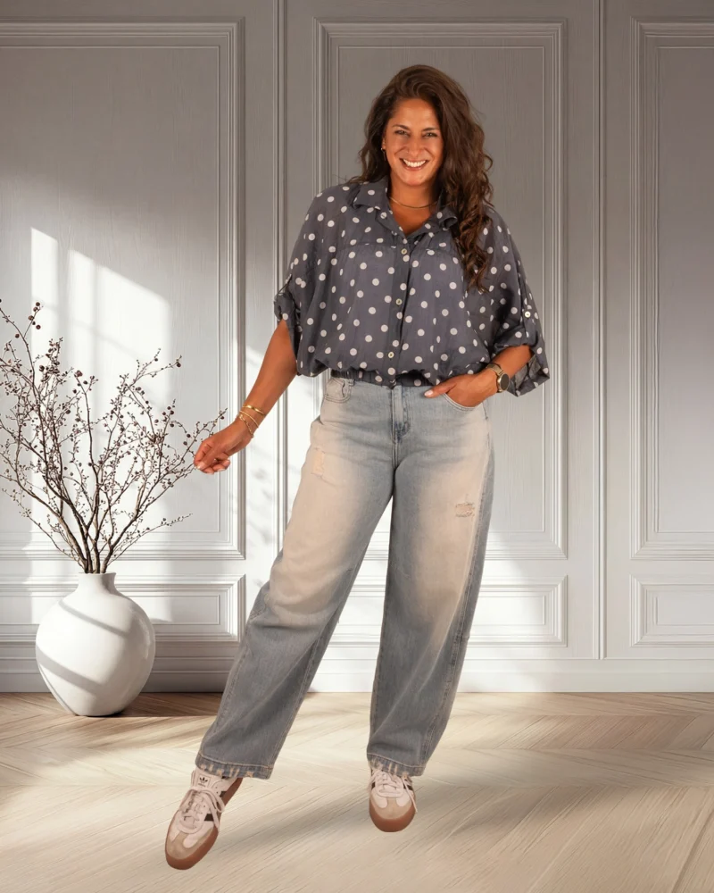 Blauwe ballonblouse witte dots van El-Vita - Afbeelding 2