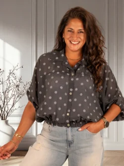 Donkergrijze ballonblouse grijze dots van El-Vita