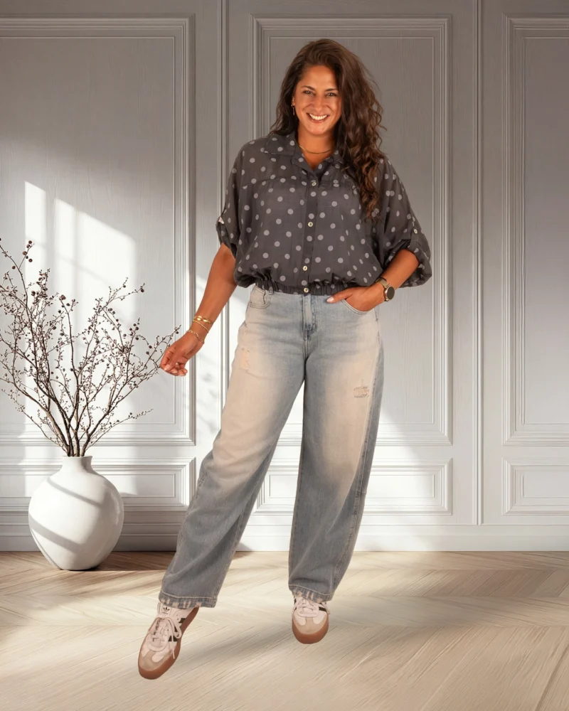 Donkergrijze ballonblouse grijze dots van El-Vita - Afbeelding 2