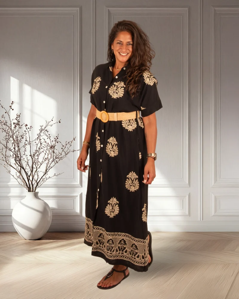 Zwarte lange jurk met goudkleurig borduur van Fashion Classic - Afbeelding 5