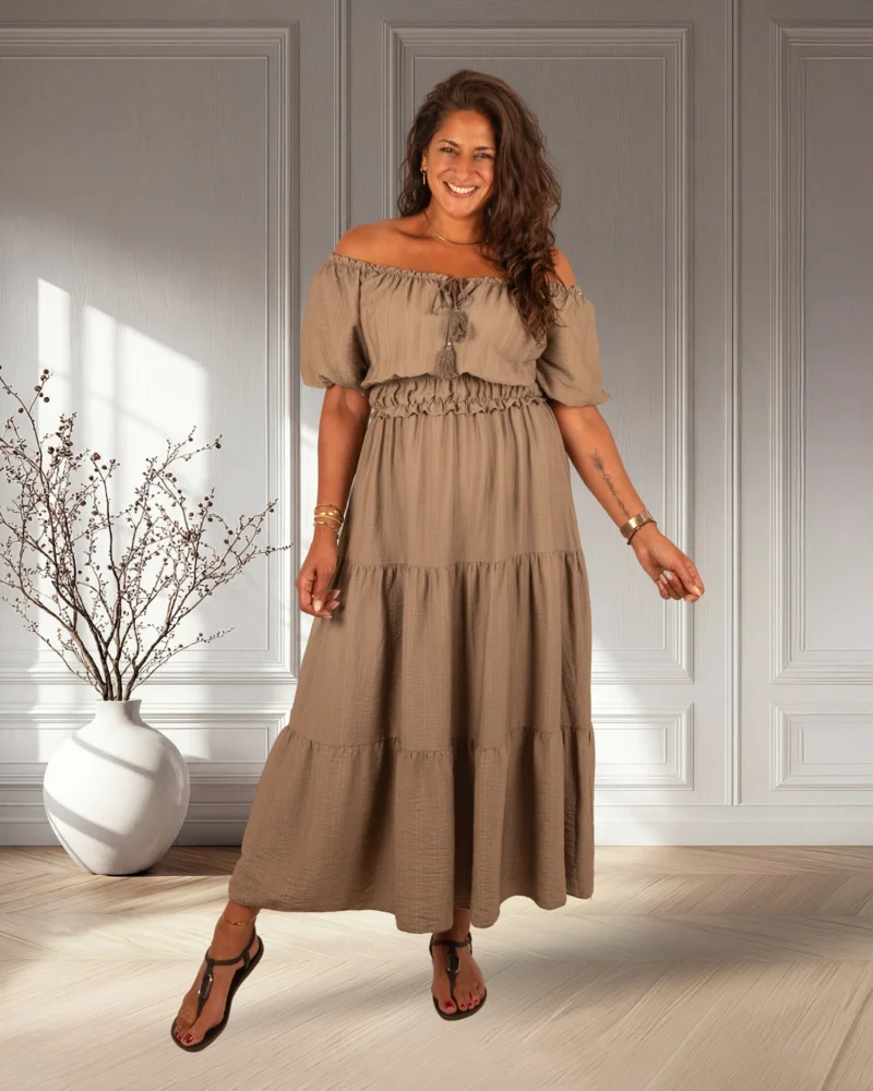 Taupe off-shoulder jurk van El-Vita - Afbeelding 5
