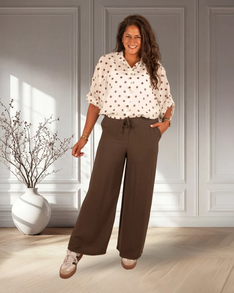 Witte ballonblouse bruine dots van El-Vita - Afbeelding 2