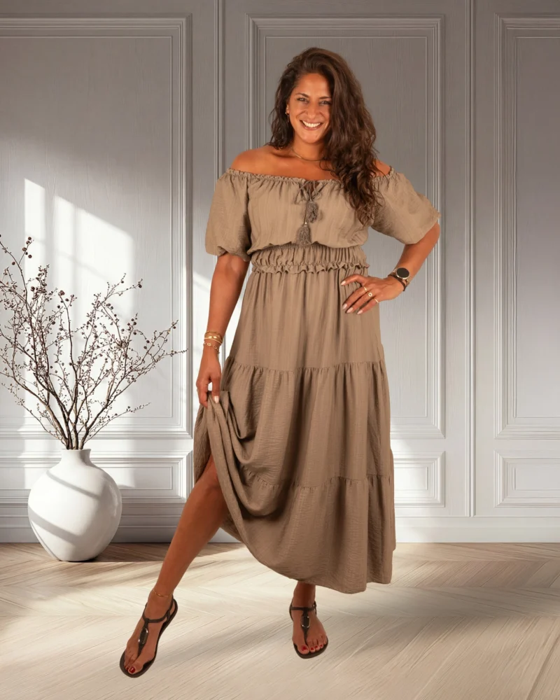 Taupe off-shoulder jurk van El-Vita - Afbeelding 3