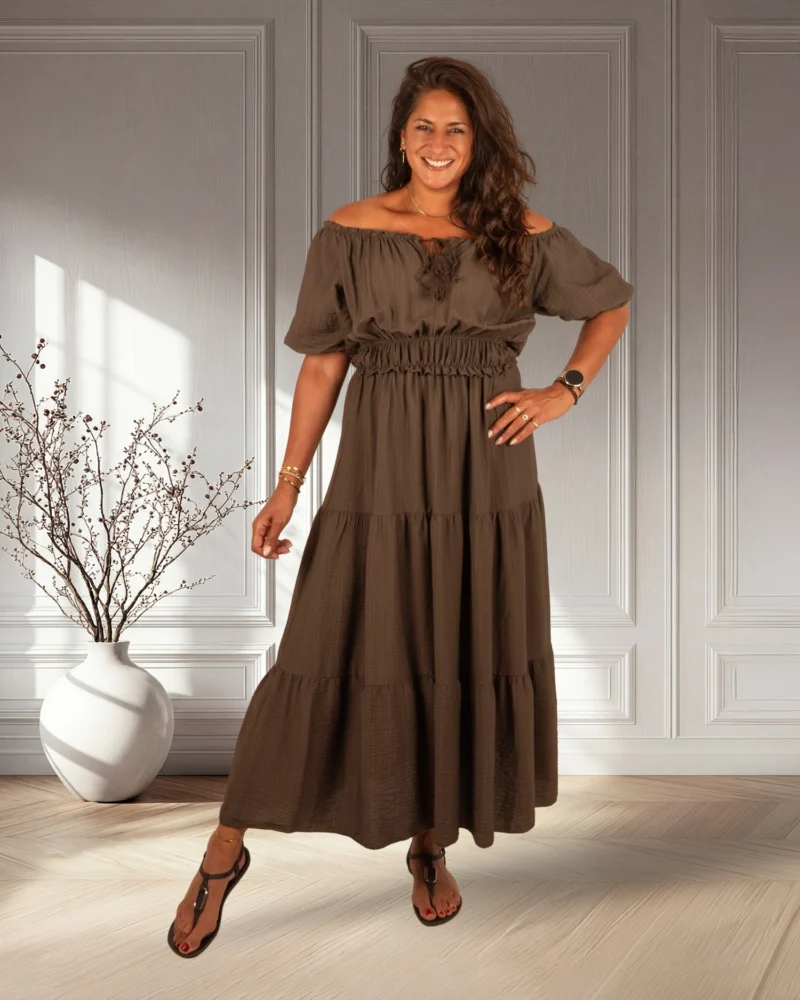 Donkerbruine off-shoulder jurk van El-Vita - Afbeelding 5